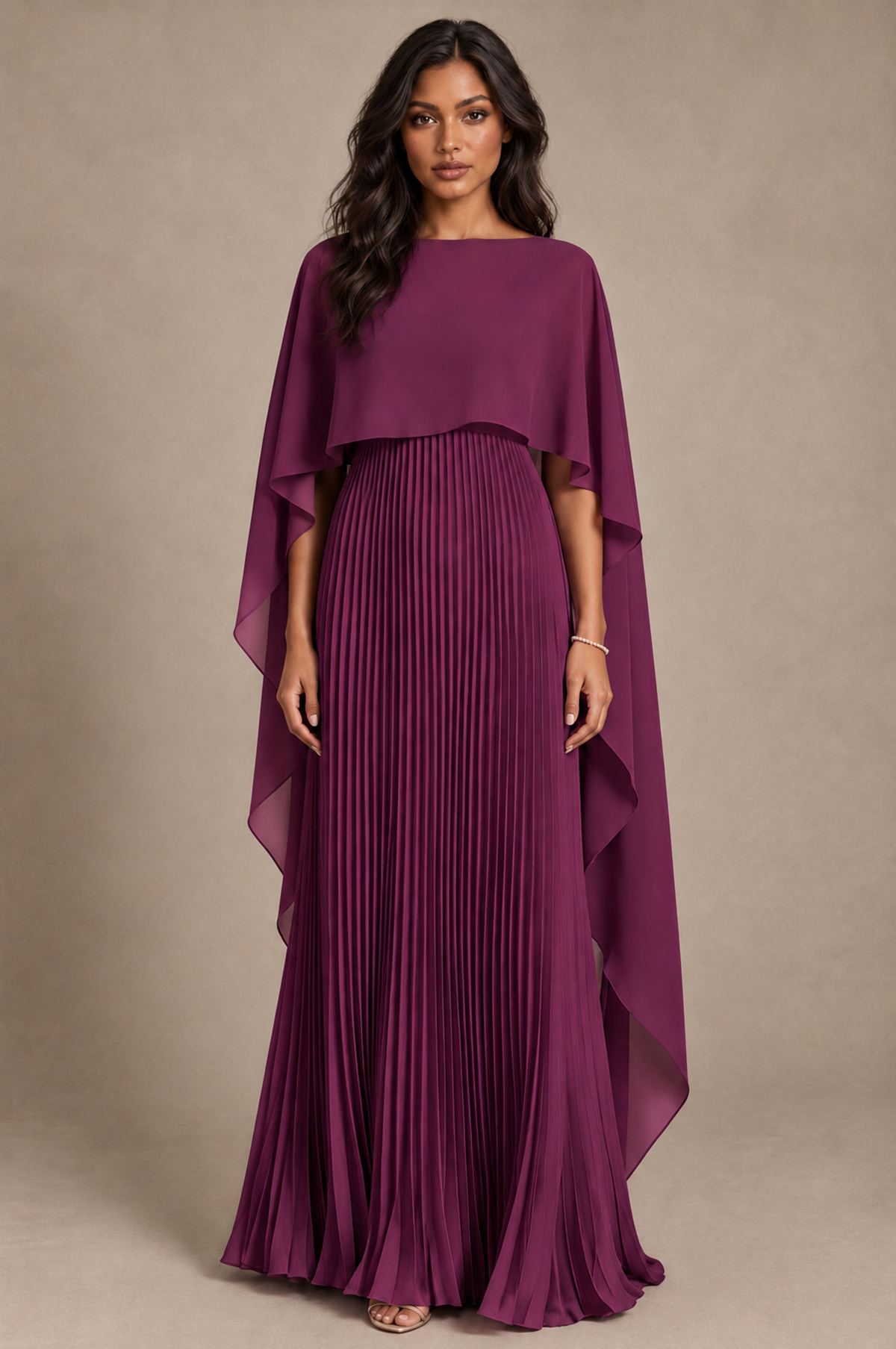 BOLODOO Plum Pleated Cape A-Line Evening Dress - Plum - Plum_1