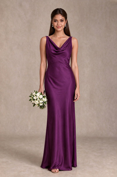 BOLODOO Plum Cowl Neck Open Back Satin Bridesmaid Dress - Plum - Plum_1