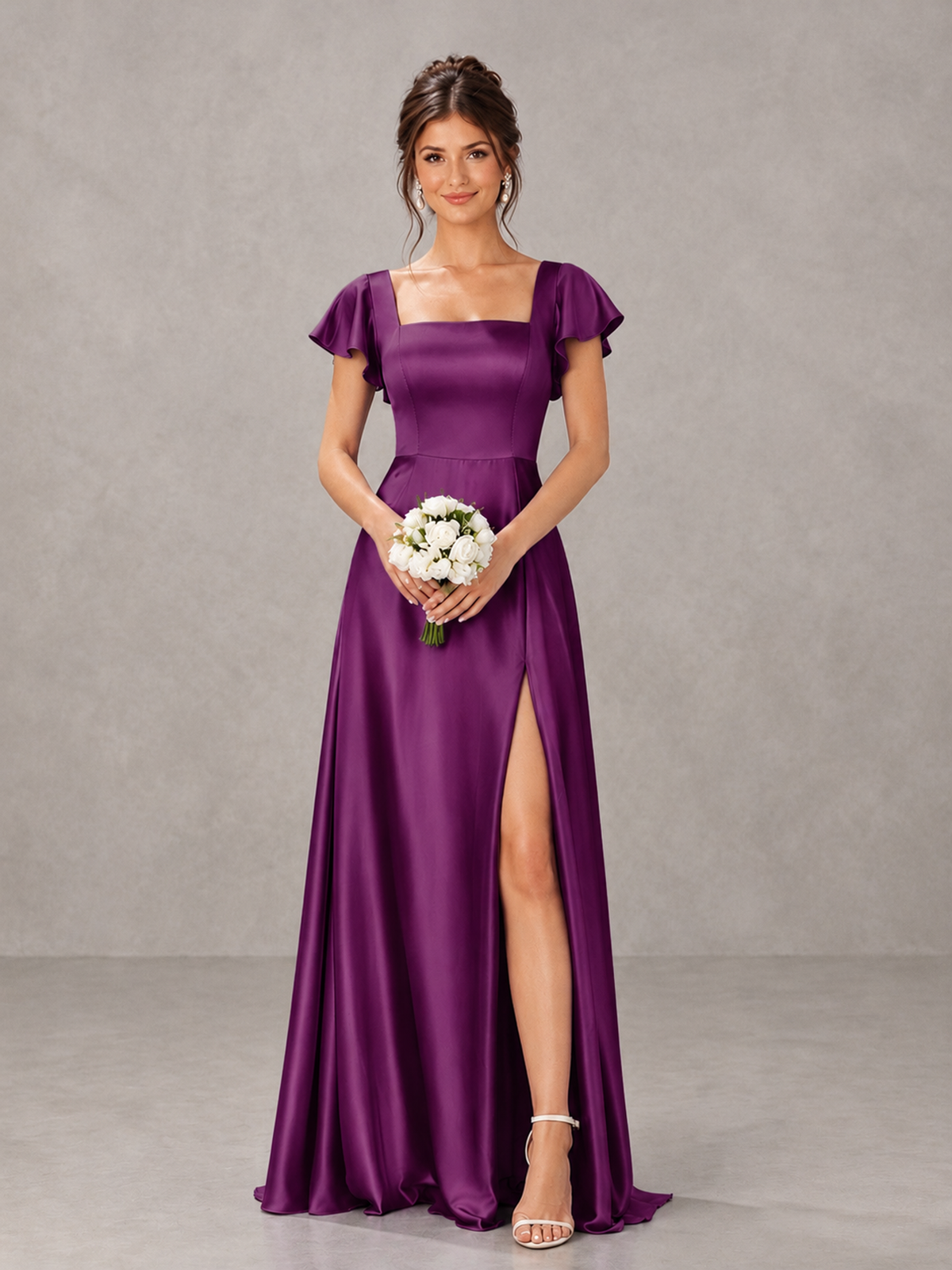 BOLODOO Plum Satin Square Neck Flutter Sleeve A-Line Bridesmaid Dress with Slit - Plum - Plum_1