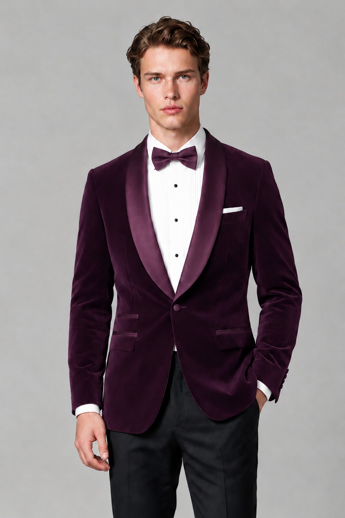 BOLODOO Men's Plum Velvet Blazer | Shawl Lapel Tuxedo Jacket - Plum - Plum_1