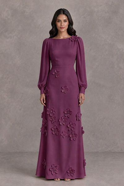 BOLODOO Plum Long Sleeve Floral Applique A-Line Evening Dress - Plum - Plum_1