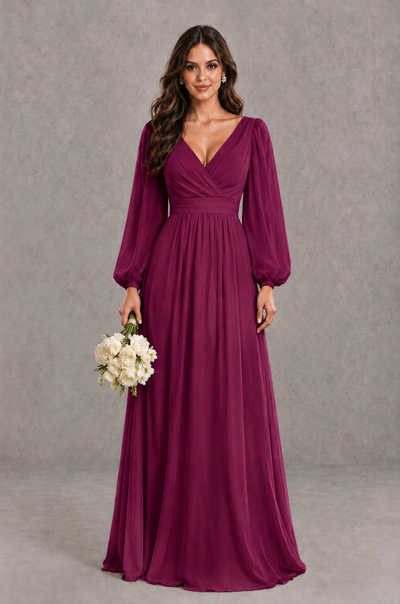 BOLODOO Plum Long Sleeve V-Neck A-Line Bridesmaid Dress - Plum - Plum_1