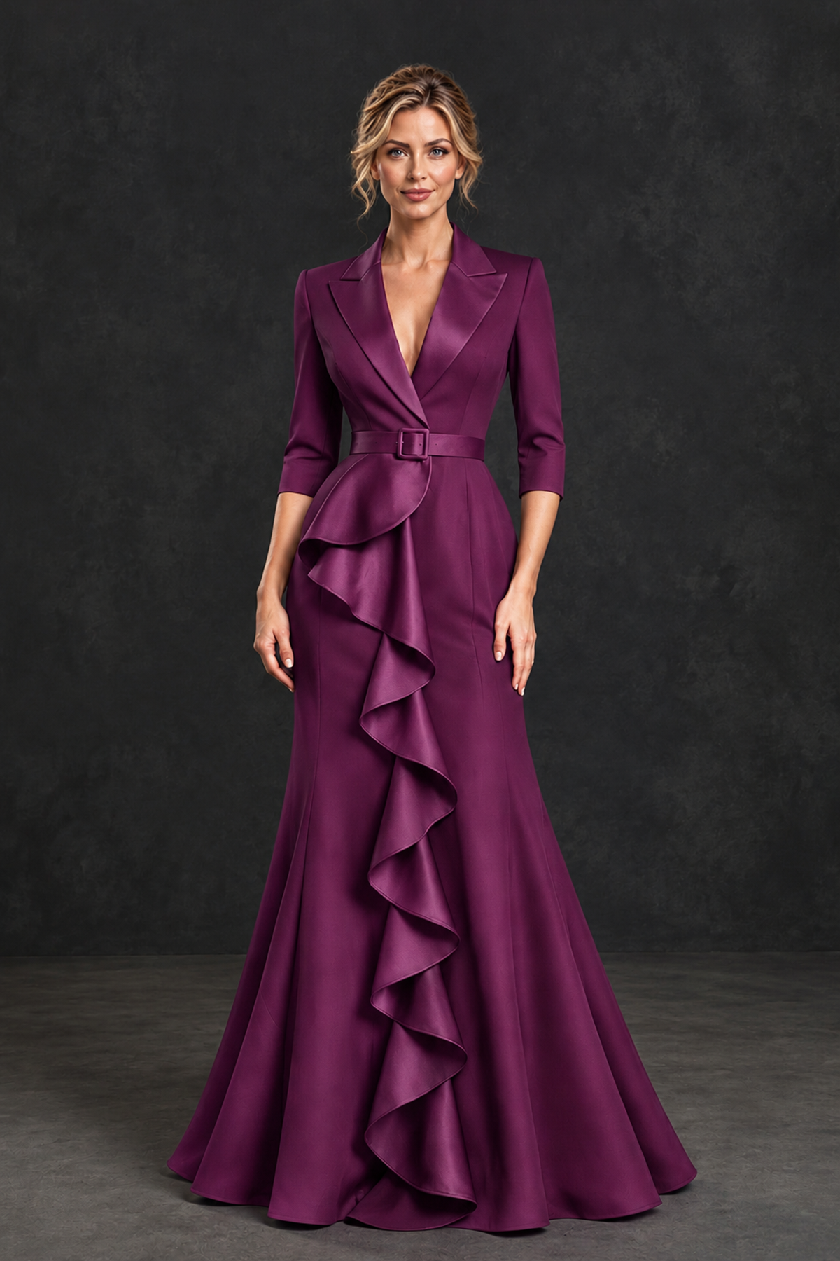 BOLODOO Plum Lapel Ruffle Mother of the Bride Dress with Belt - Plum - Plum_1