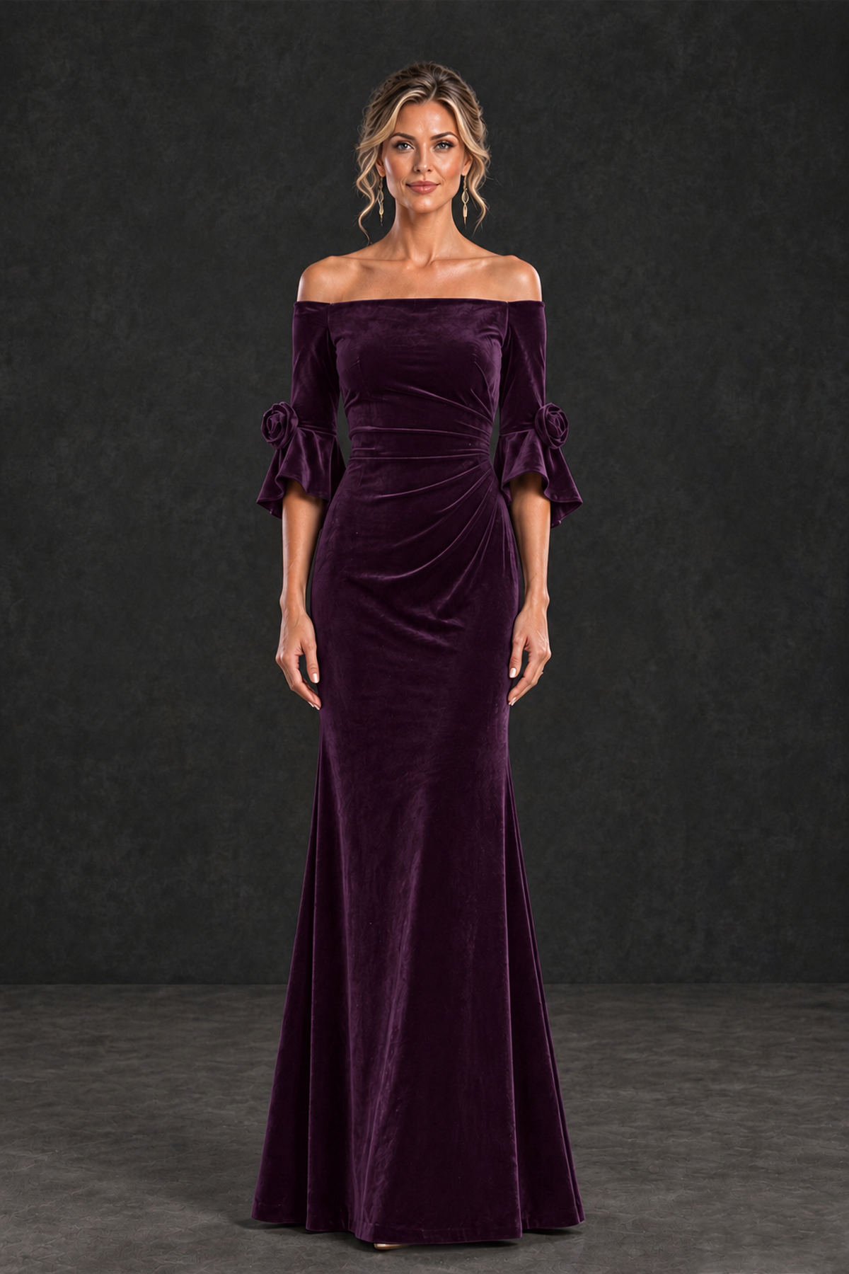 BOLODOO Plum Velvet Off-Shoulder Mother of the Bride Dress – 3/4 Floral Cuff Sleeve Mermaid Evening Gown - Plum - Plum_1