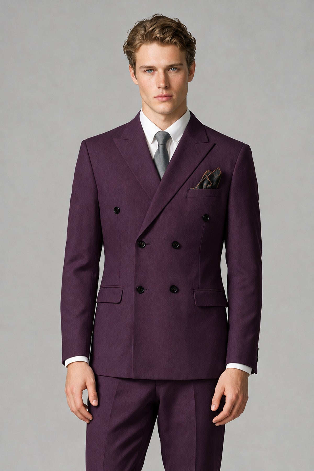 Bolodoo Men's Plum Double-Breasted Two-Piece Suit with Peak Lapels - Plum - Plum_1