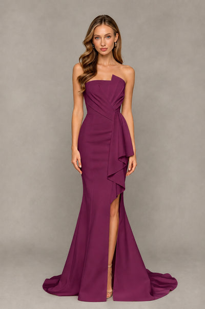 BOLODOO Plum Strapless Mermaid Evening Dress with Ruffle Slit and Train - Plum - Plum_1