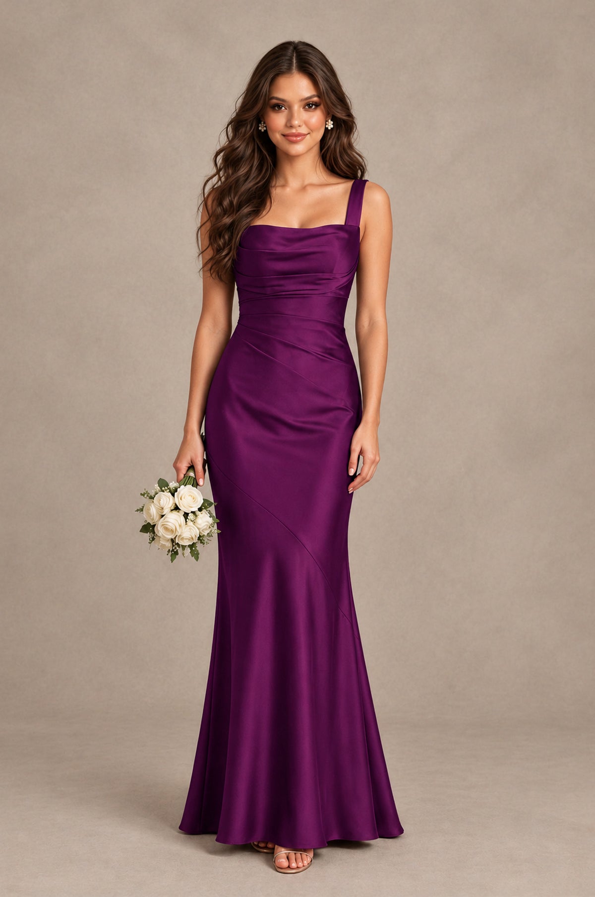 BOLODOO Plum Square Neck Ruched Satin Lace-Up Bridesmaid Dress - Plum - Plum_1