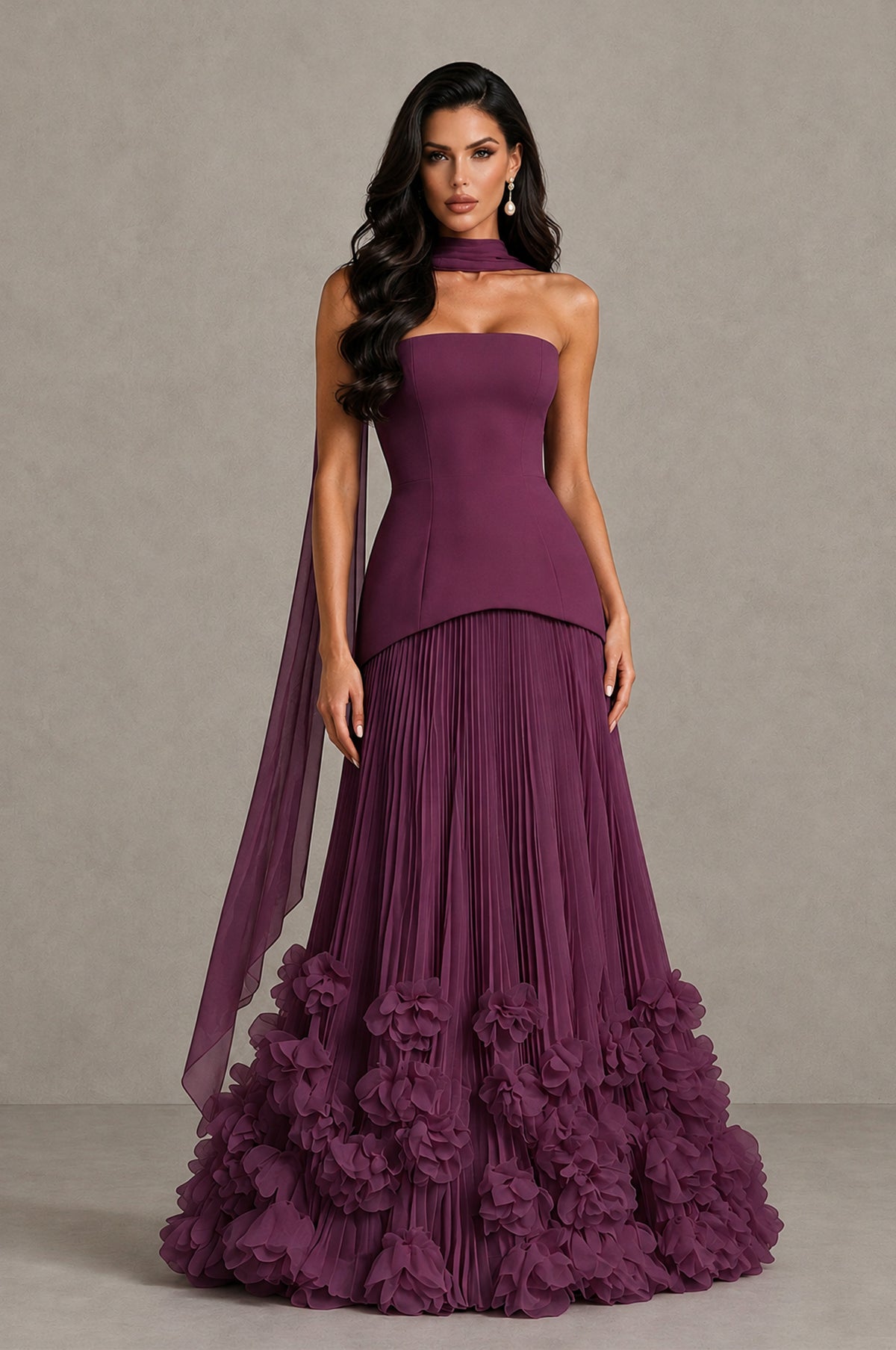 BOLODOO Plum Strapless Pleated Floral Hem Evening Gown - Plum - Plum_1