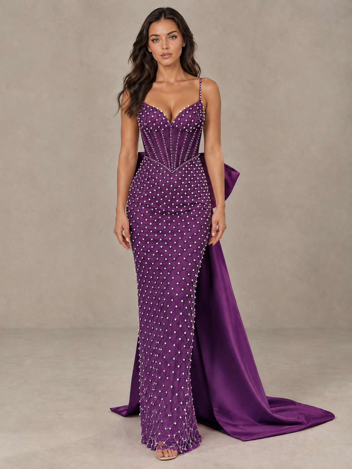 BOLODOO Plum Beaded Corset Prom Dress with Bow Train - Plum - Plum_1