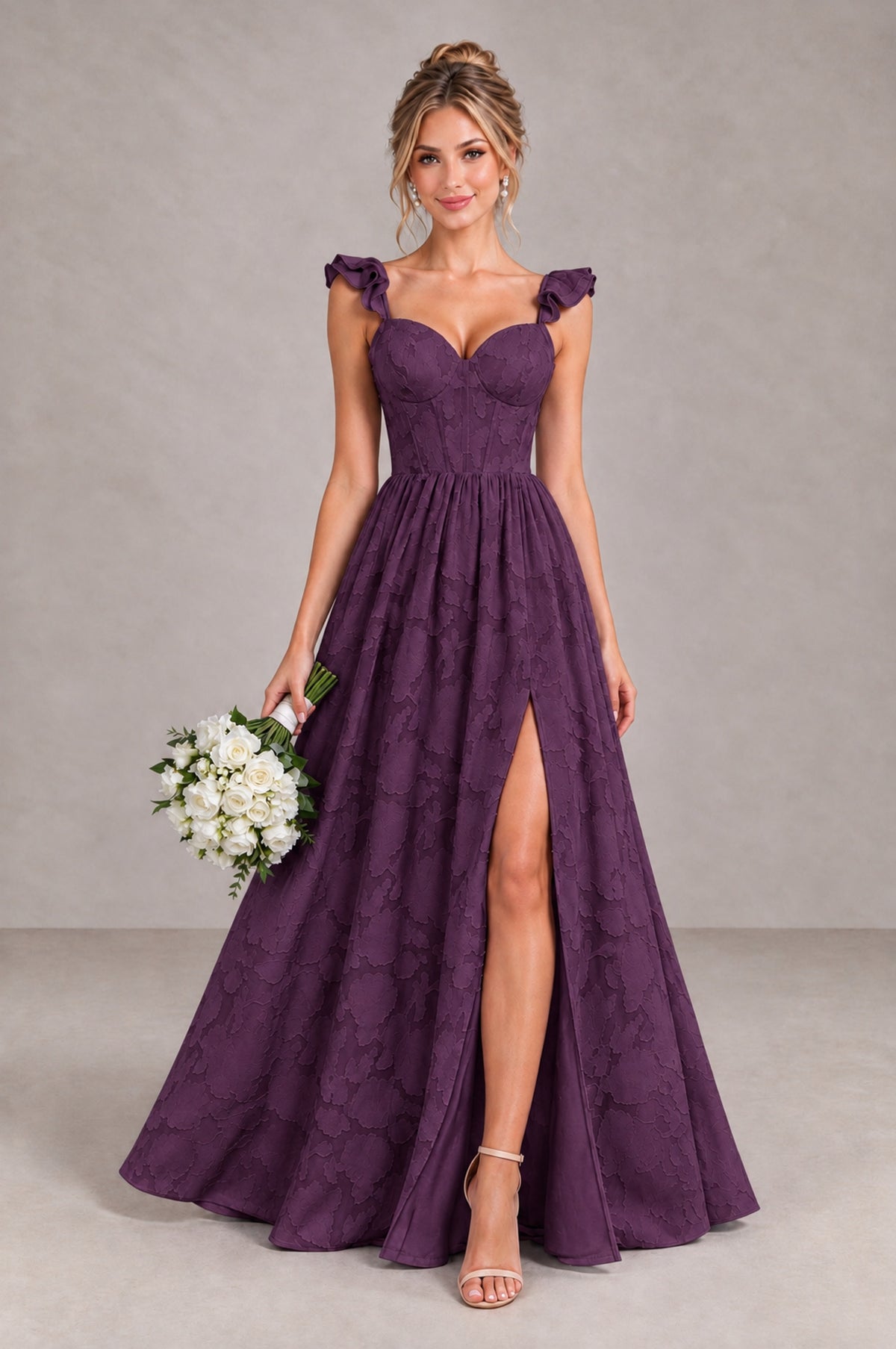 BOLODOO Plum Floral A-Line Bridesmaid Dress with Slit Ruffle Straps Maxi Gown - Plum - Plum_1