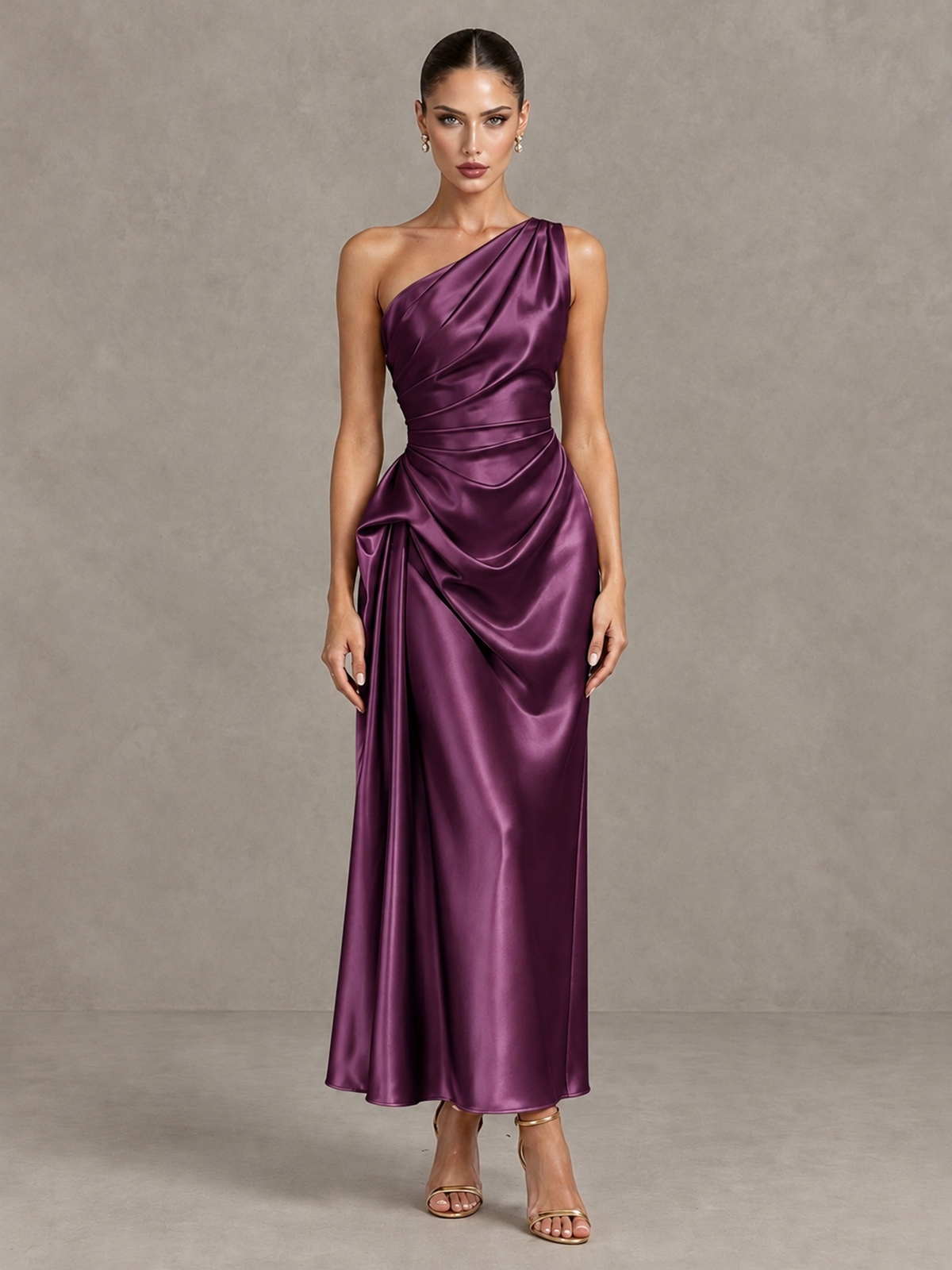 BOLODOO Plum One Shoulder Satin Cocktail Dress with Draped A-Line Skirt - Plum - Plum_1