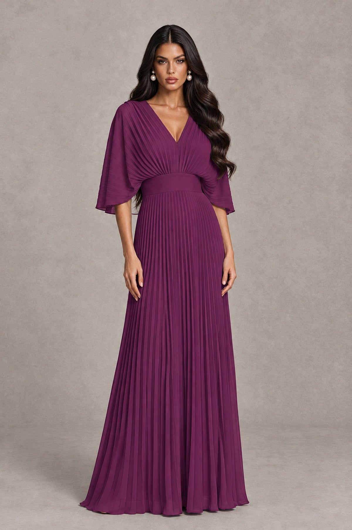 BOLODOO Plum V-Neck Pleated Flutter Sleeve Formal Dress - Plum - Plum_1