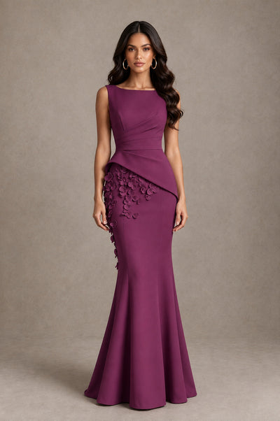 BOLODOO Plum Bateau Neck Sleeveless Asymmetric Peplum 3D Petal Appliqué Mermaid Gown BD0421 - Plum - Plum_1