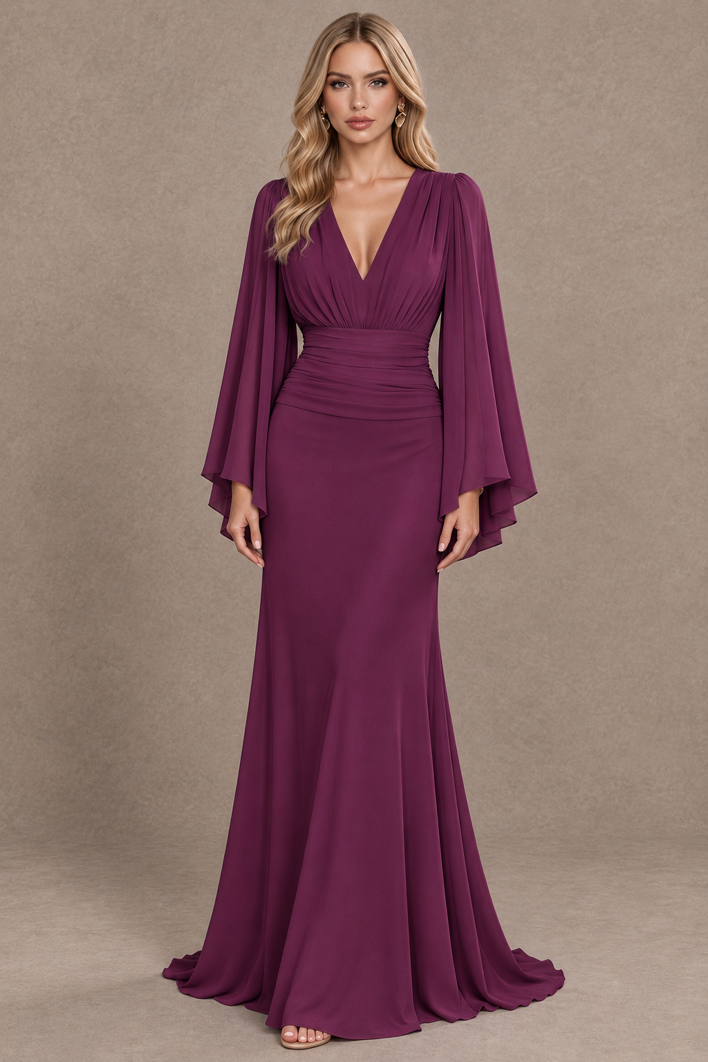 BOLODOO Plum Cape Sleeve V-Neck Ruched Chiffon Evening Dress - Plum - Plum_1