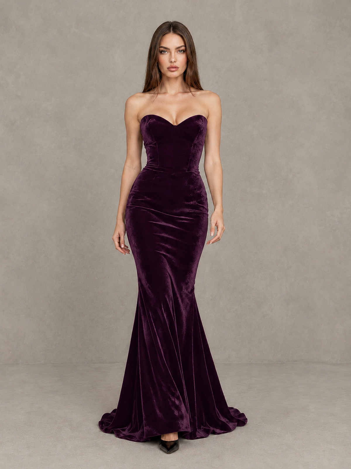 BOLODOO Plum Strapless Sweetheart Velvet-Look Mermaid Evening Dress - Plum - Plum_1