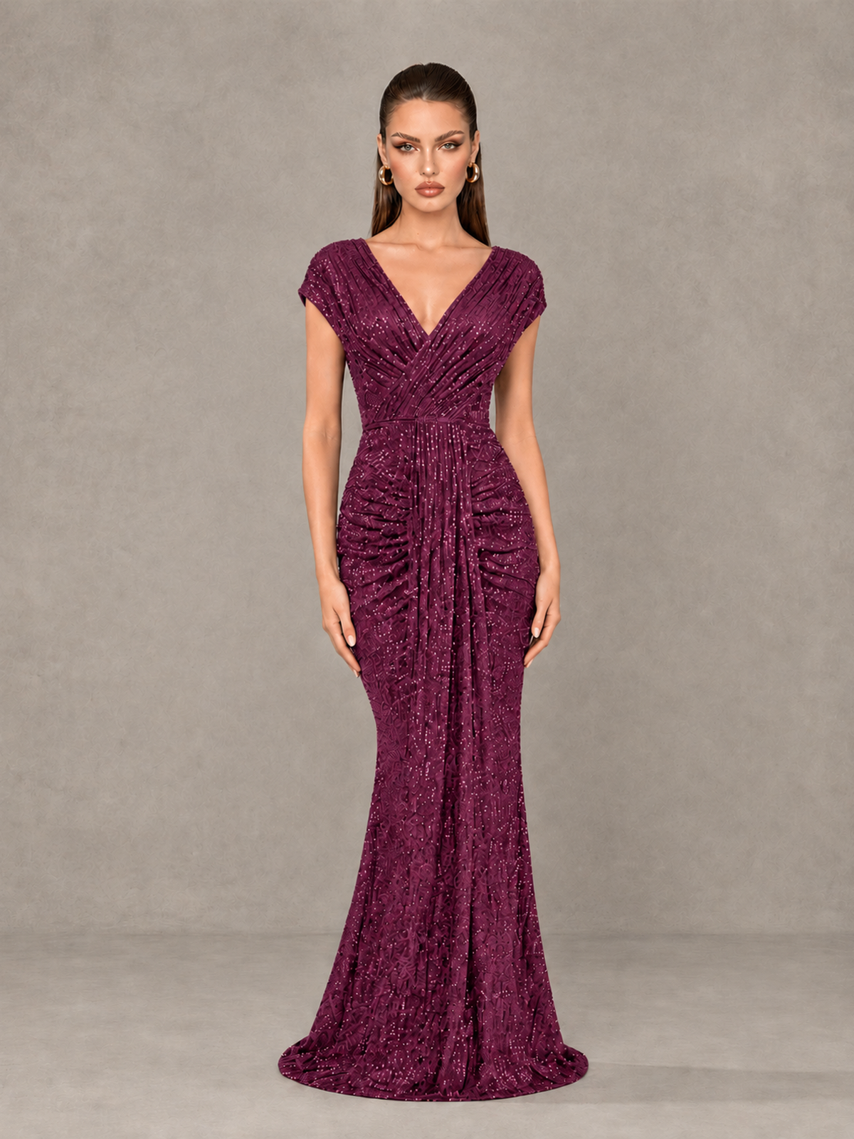 BOLODOO Plum Glitter V-Neck Cap Sleeve Ruched Mermaid Evening Gown - Plum - Plum_1