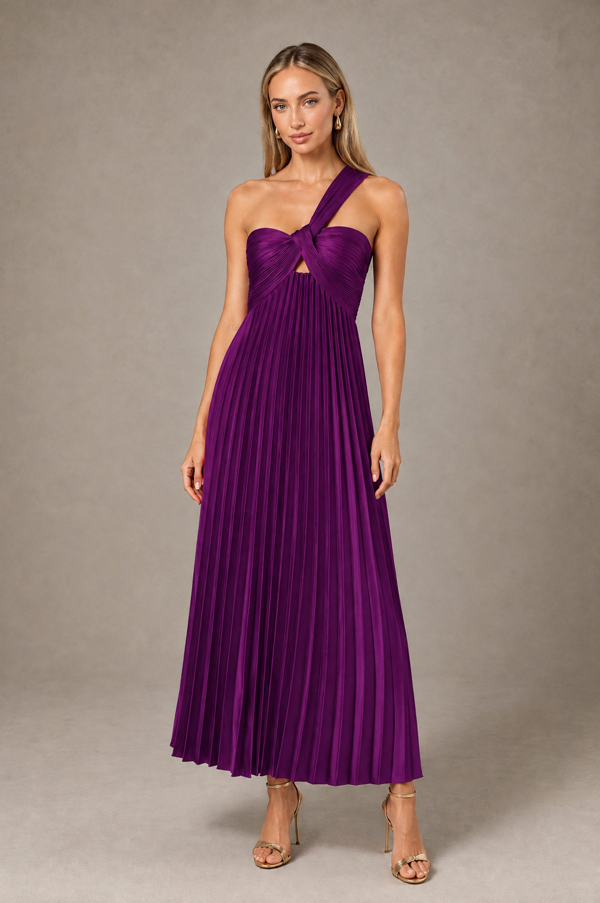 BOLODOO Plum One-Shoulder Twist Knot Pleated Satin Midi Dress with Cutout - Plum - Plum_1