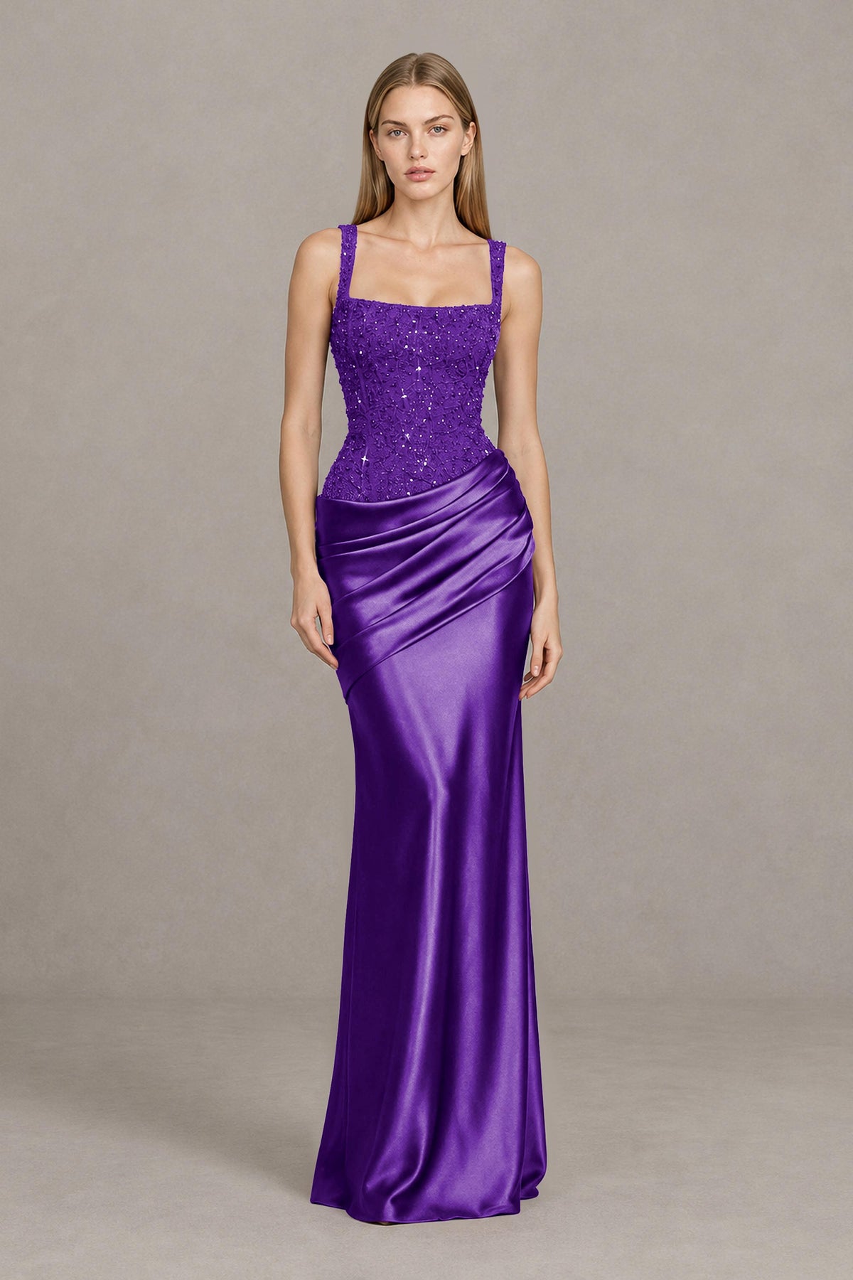 BOLODOO Plum Square Neck Embellished Satin Evening Gown - Plum