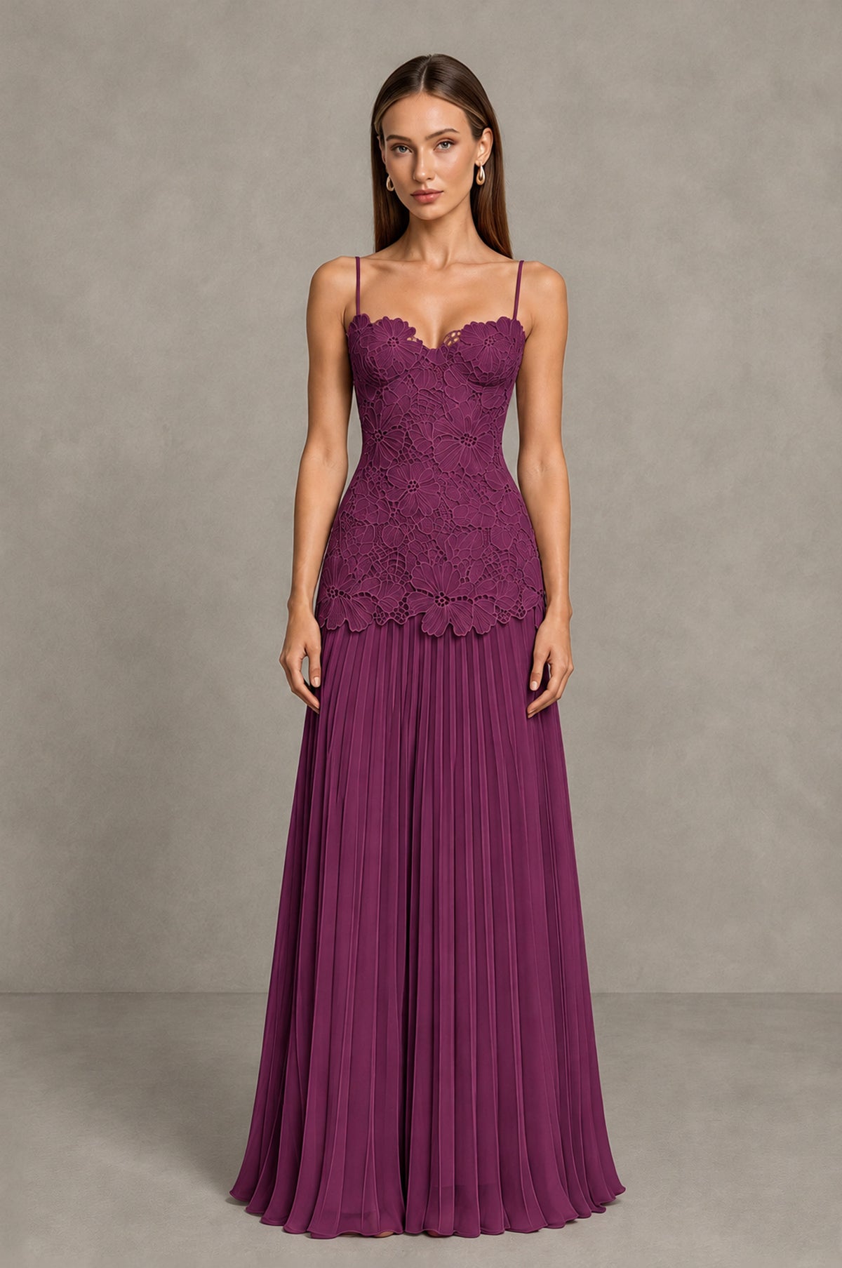 BOLODOO Plum Lace Bodice Pleated Wedding Guest Dress - Plum - Plum_1