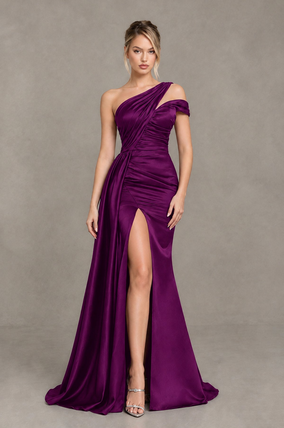 BOLODOO Plum Asymmetric Ruched Formal Evening Dress - Plum - Plum_1