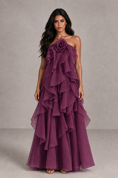 BOLODOO Plum Cascading Ruffle Rosette Open-Back Maxi Dress - Plum - Plum_1
