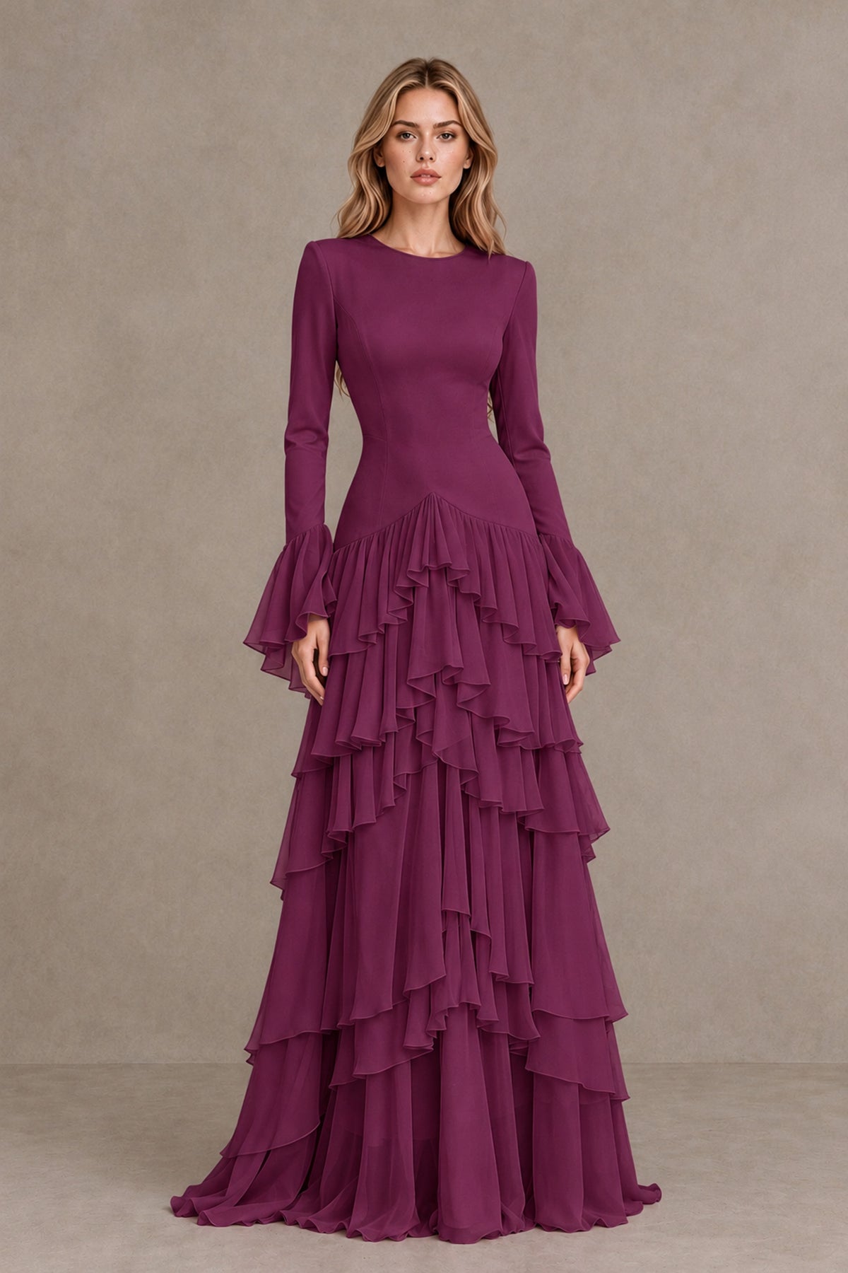 Plum Long Sleeve Tiered Ruffle Evening Gown - Plum - Plum_1