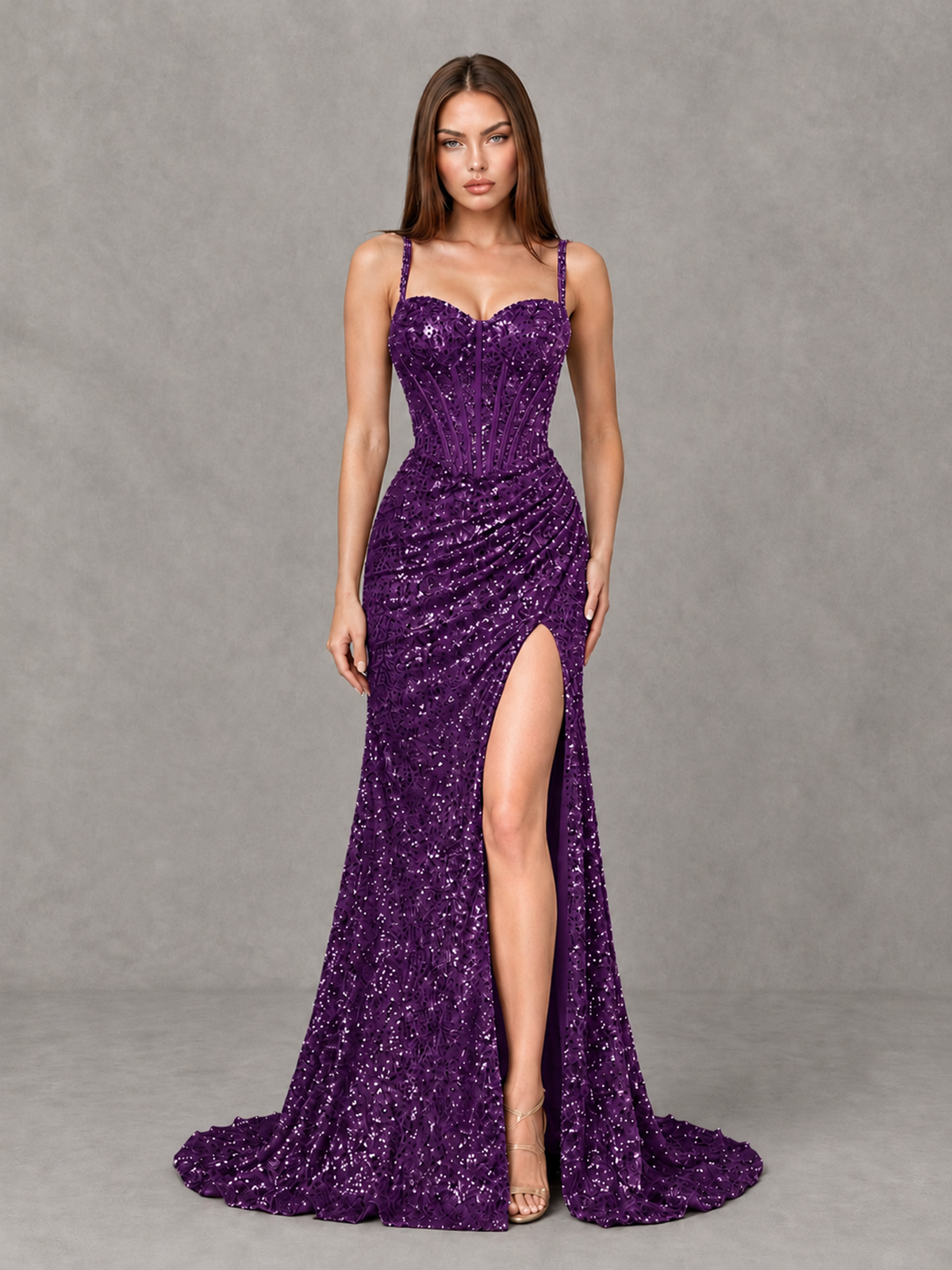 BOLODOO Plum Sequin Corset Evening Gown with High Slit - Plum - Plum_1