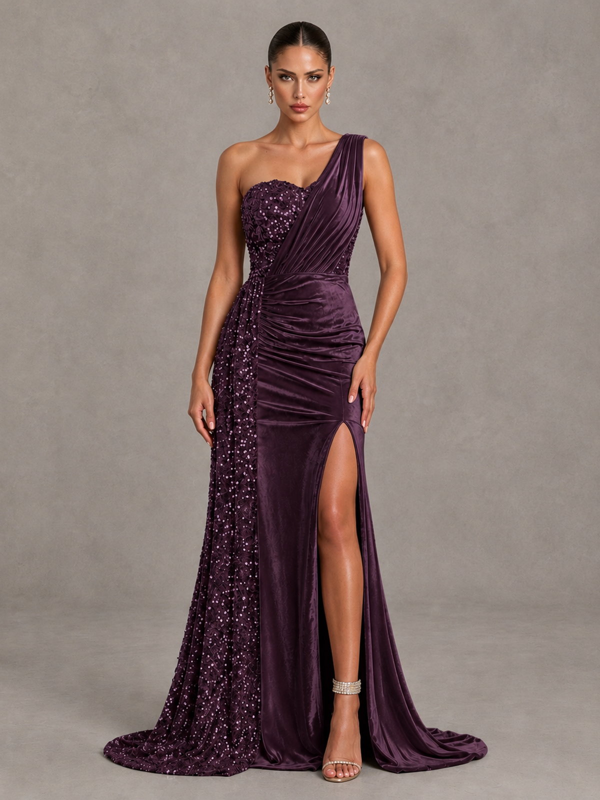 BOLODOO Plum One-Shoulder Satin Sequin Gown with High Slit - Plum - Plum_1