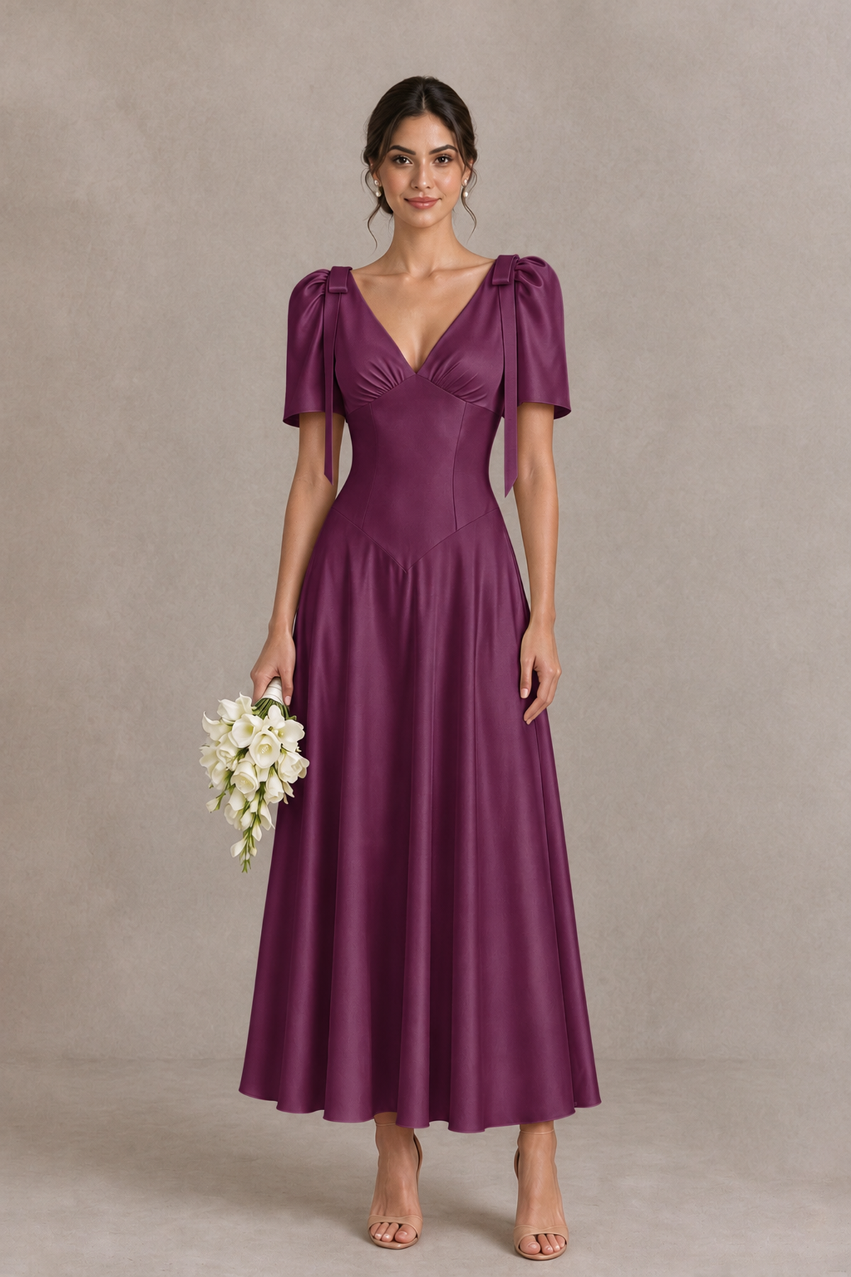 BOLODOO Plum V-Neck Short Sleeve Satin-Look Bridesmaid Dress with Shoulder Bows - Plum - Plum_1