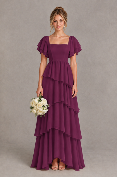 BOLODOO Plum Square Neck Flutter Sleeve Tiered Chiffon Bridesmaid Dress with Lace-Up Back - Plum - Plum_1