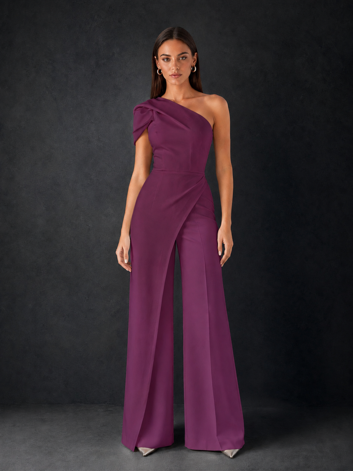 BOLODOO Plum One-Shoulder Puff Sleeve Wide-Leg Jumpsuit with Front Slit and Open Back - Plum
