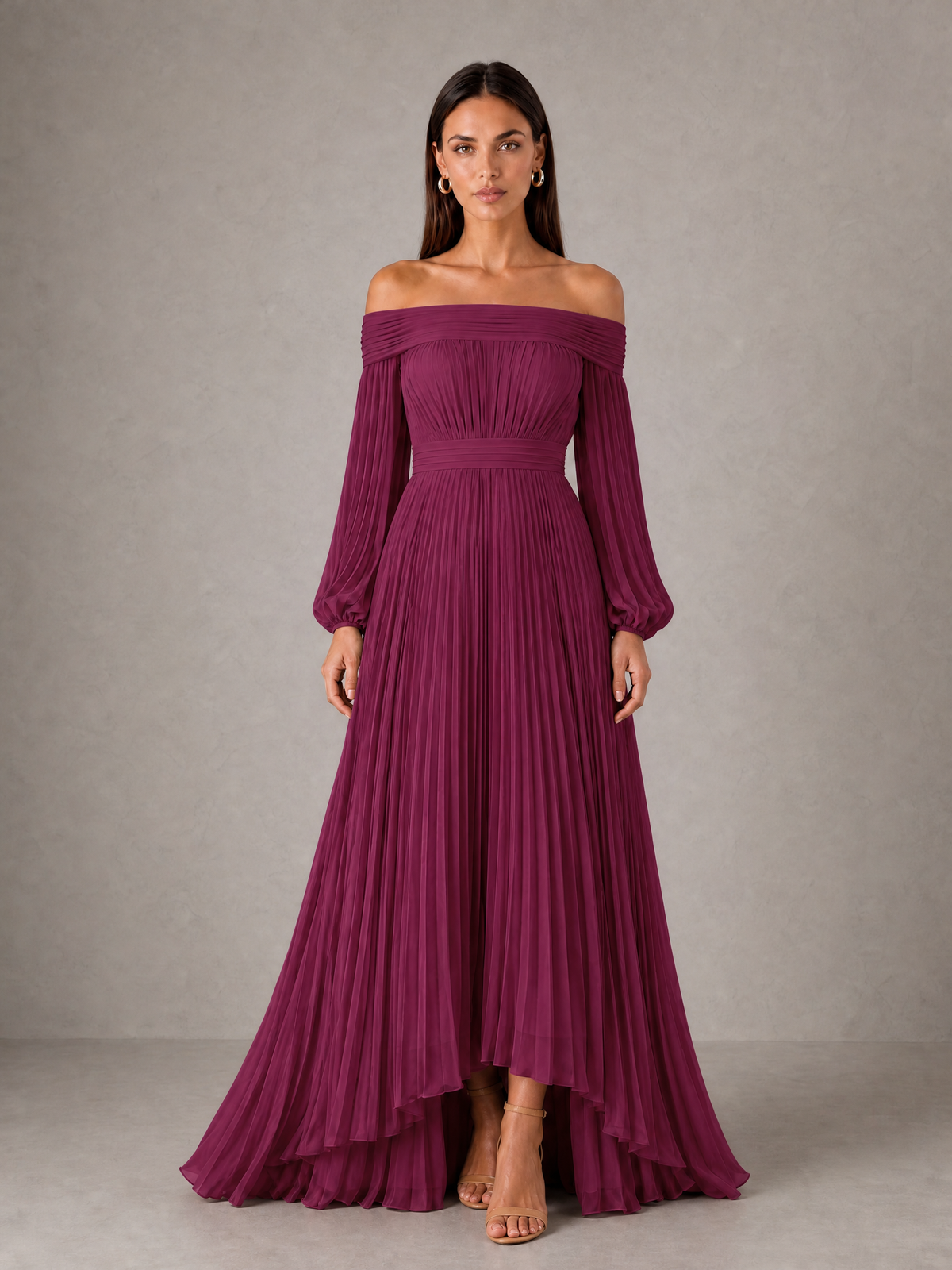 BOLODOO Plum Off-Shoulder Long Sleeve Pleated High-Low Dress - Plum - Plum_1