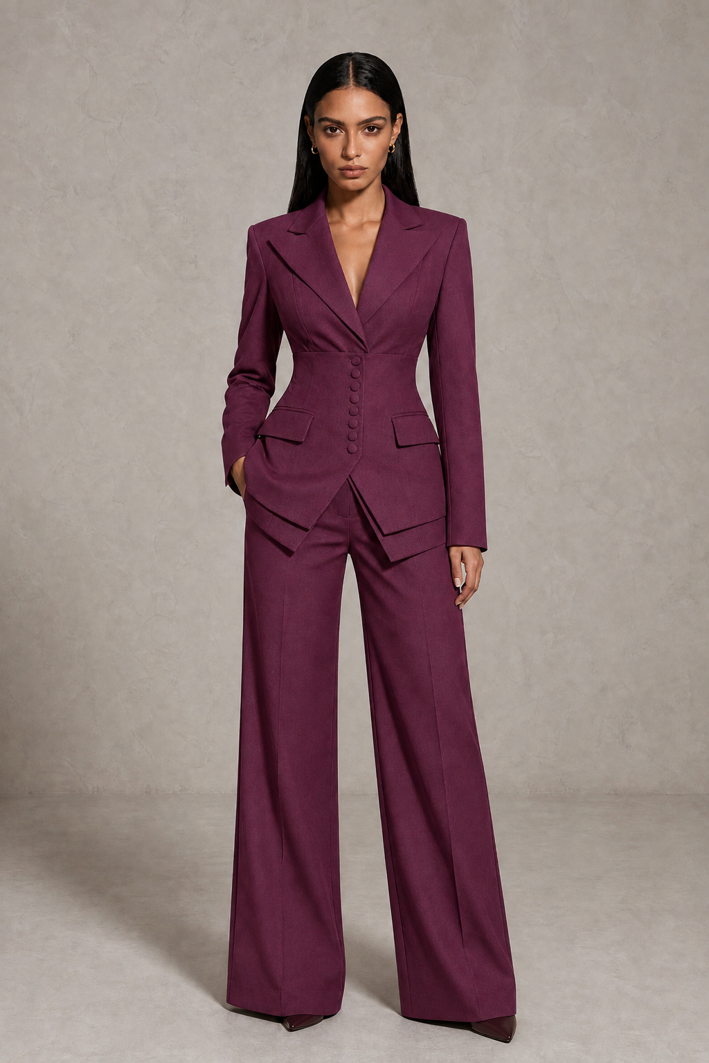 BOLODOO Plum Cinched Waist Blazer and Wide Leg Pants Two Piece Suit Set - Plum