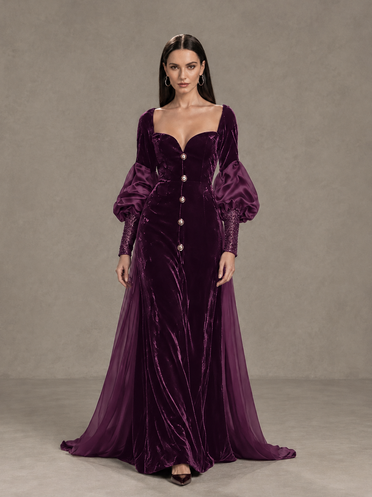 BOLODOO Plum Velvet Long Sleeve Open-Back Evening Gown - Plum - Plum_1