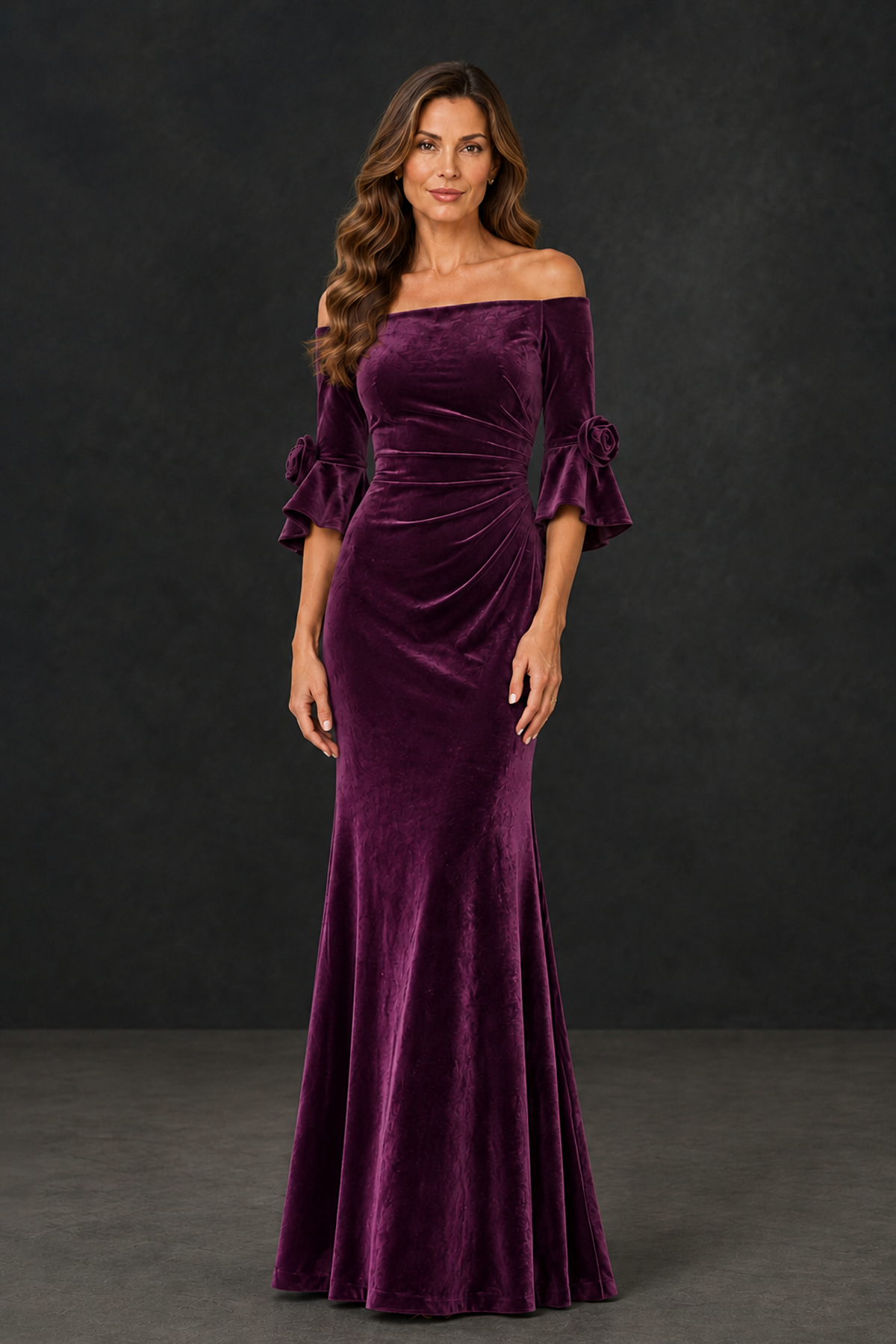 BOLODOO Plum Velvet Mother of the Bride Dress with Rosette Sleeves - Plum - Plum_1