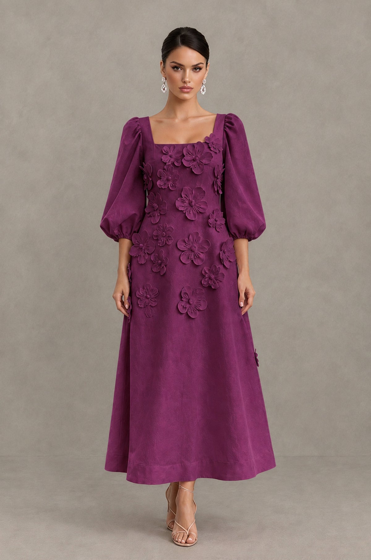 BOLODOO Plum 3D Floral Puff Sleeve Midi Cocktail Dress - Plum - Plum_1