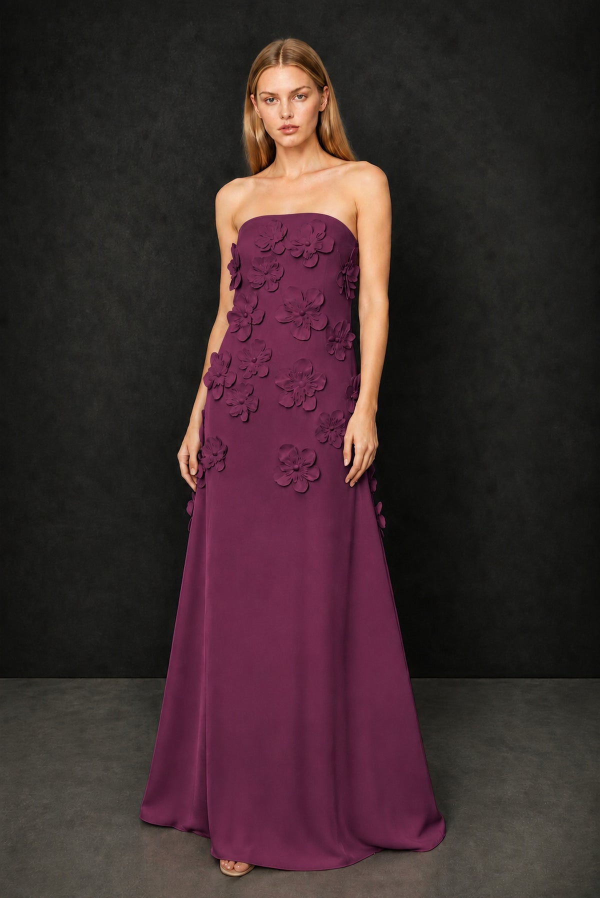 BOLODOO Plum Strapless 3D Floral Appliqué Crepe Maxi Gown - Plum