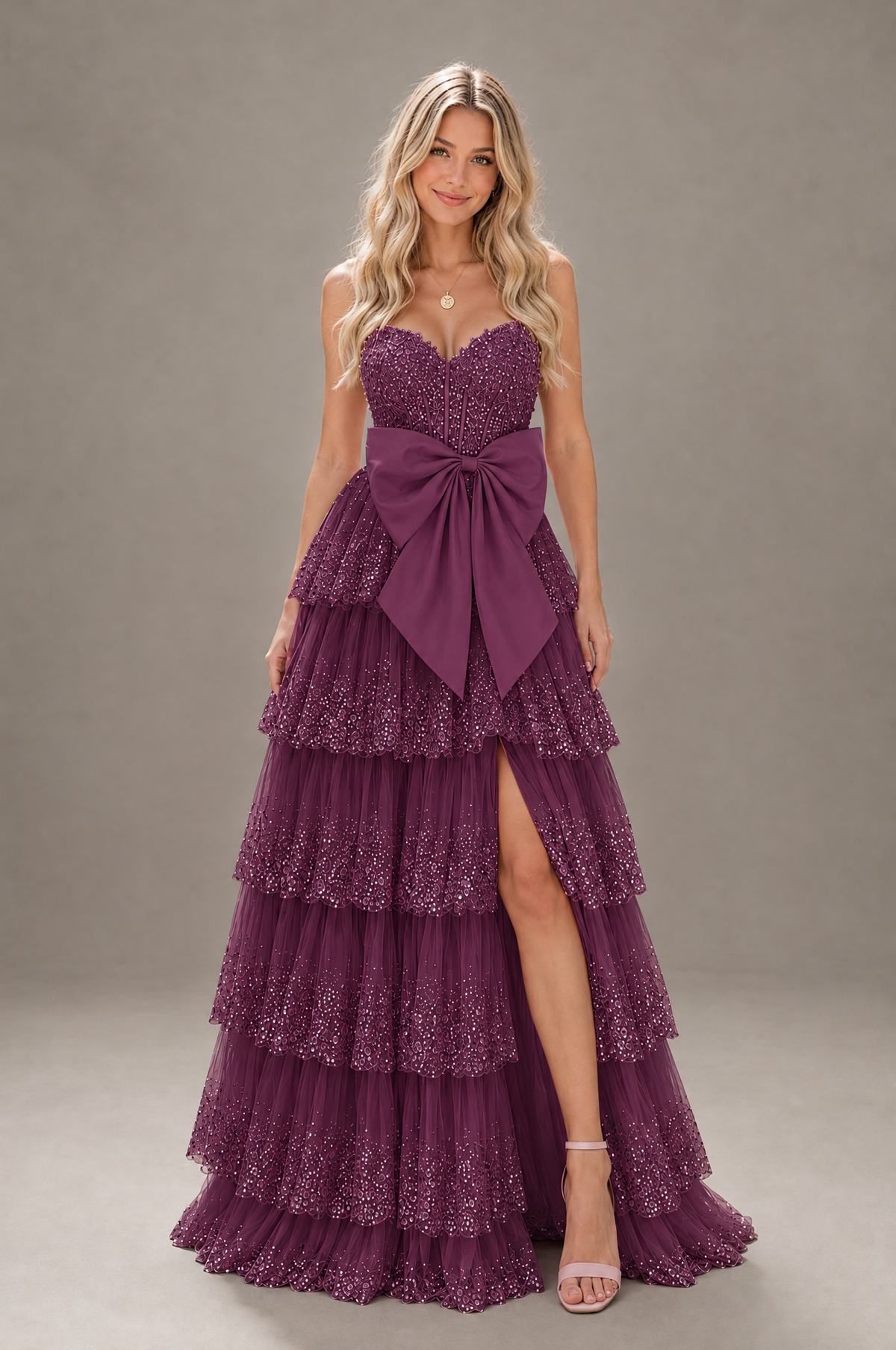 BOLODOO Plum Strapless Tiered Tulle Prom Dress with Bow - Plum - Plum_1