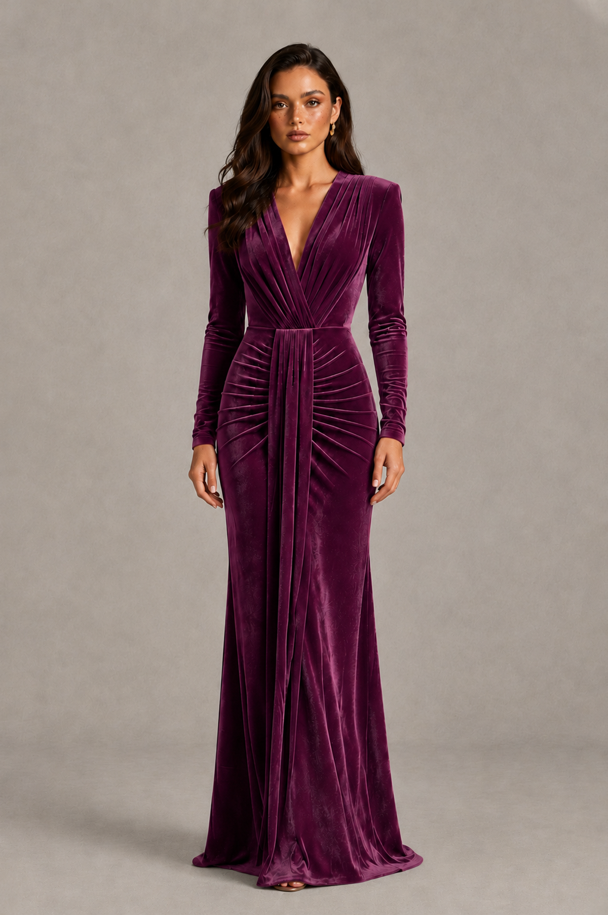 BOLODOO Plum Velvet Long Sleeve V-Neck Ruched Evening Gown - Plum
