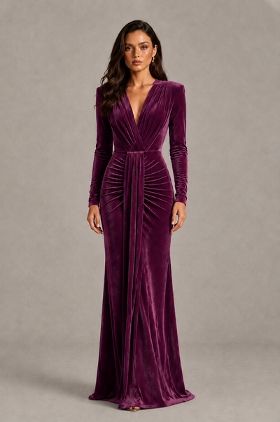 BOLODOO Plum Velvet Long Sleeve V-Neck Ruched Evening Gown - Plum