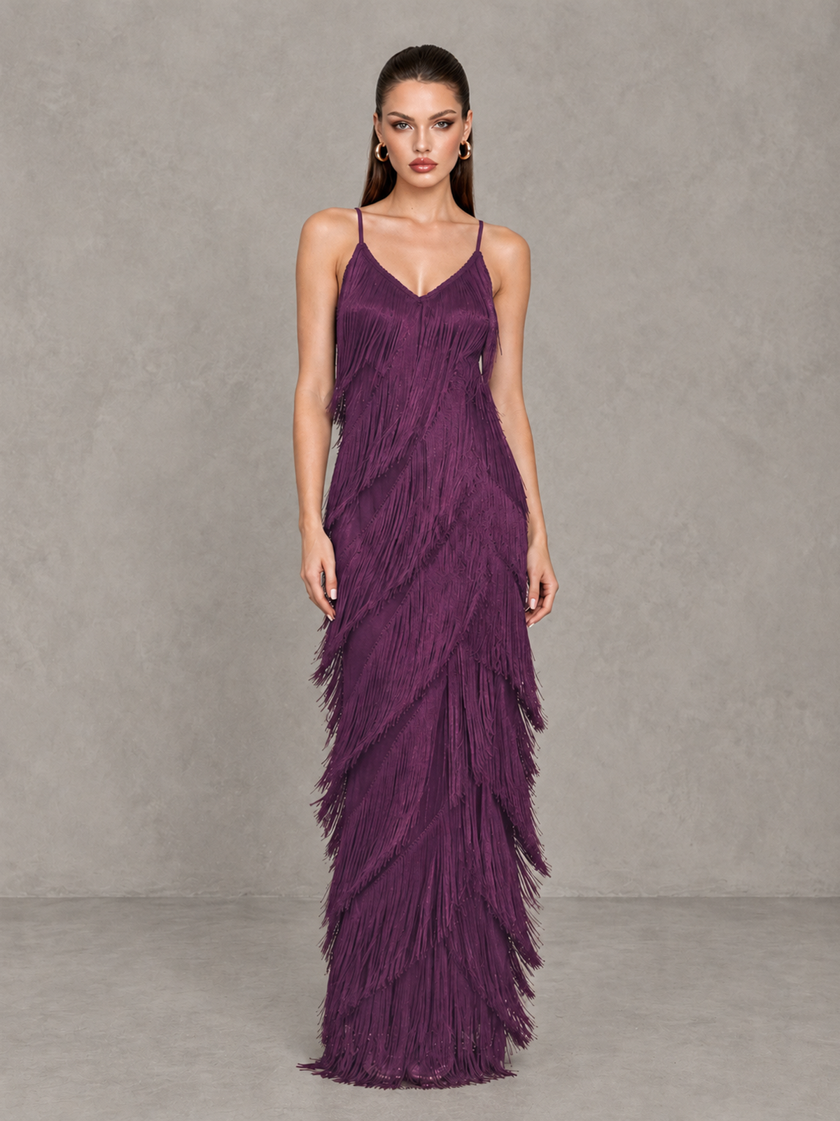 BOLODOO Plum V-Neck Spaghetti Strap Fringe Maxi Evening Dress - Plum - Plum_1