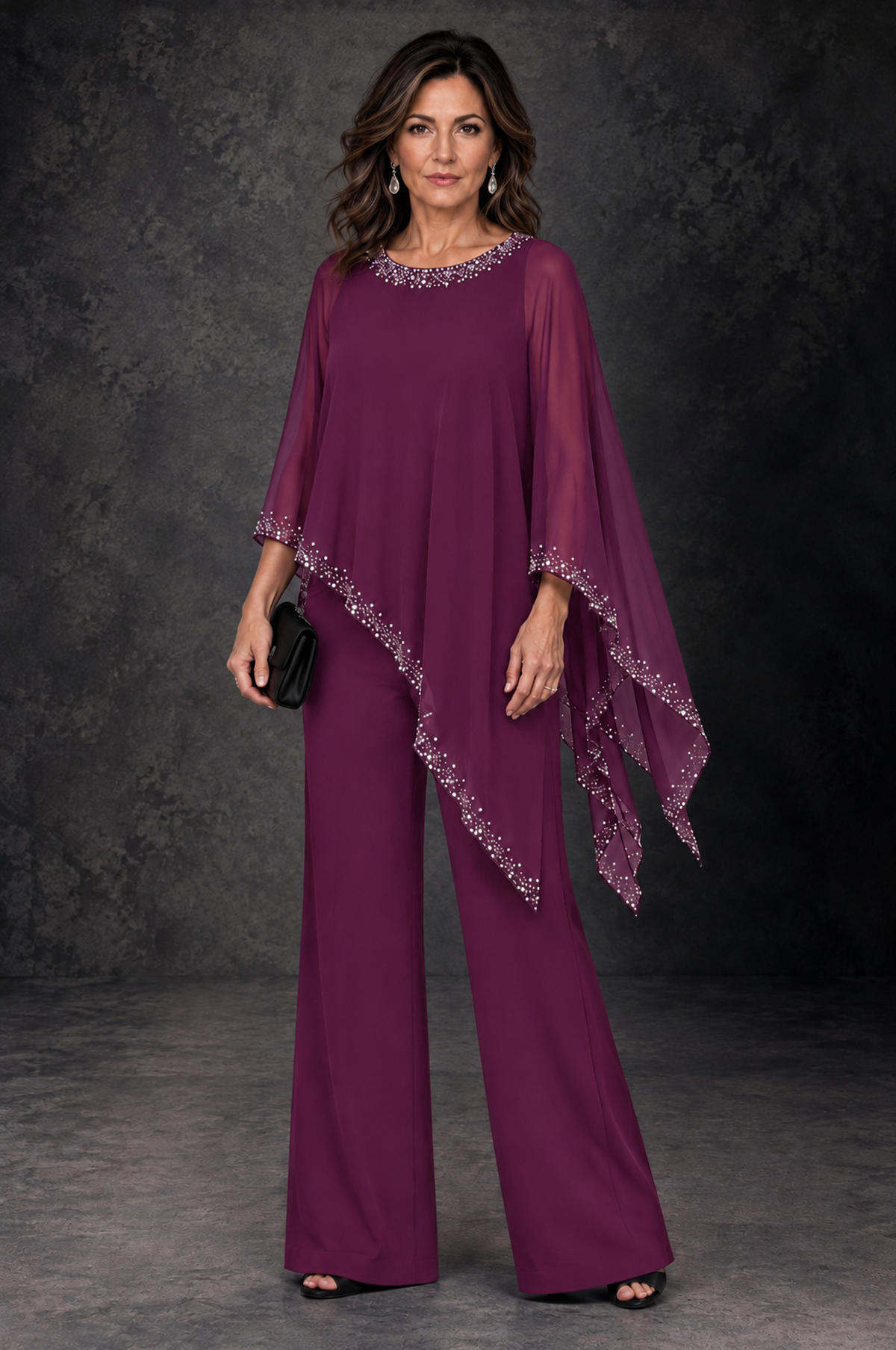 BOLODOO Plum Embellished Cape Mother of the Bride Pantsuit - Plum - Plum_1