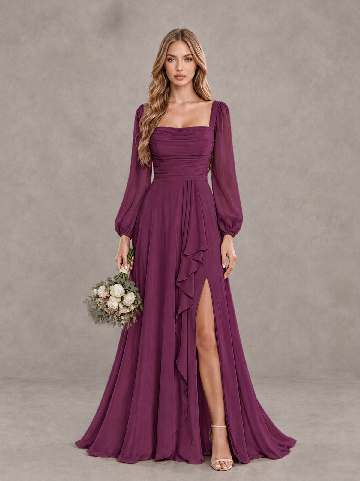 BOLODOO Plum Square Neck Long Sleeve Bridesmaid Dress with Ruffle Slit - Plum - Plum_1