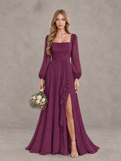 BOLODOO Plum Square Neck Long Sleeve Bridesmaid Dress with Ruffle Slit - Plum - Plum_1