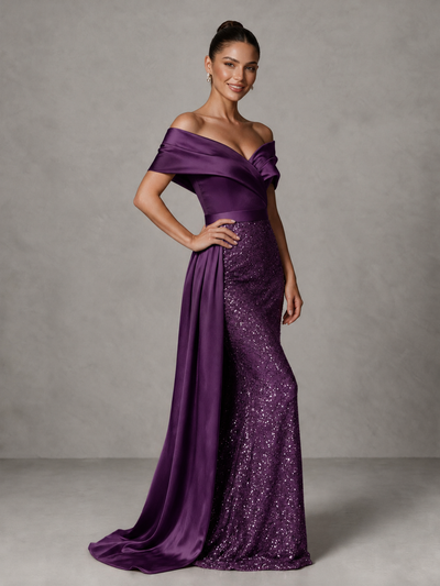 BOLODOO Plum Sequin Mermaid Evening Dress with Off-Shoulder Satin Drape and Sweep Train - Plum - Plum_1