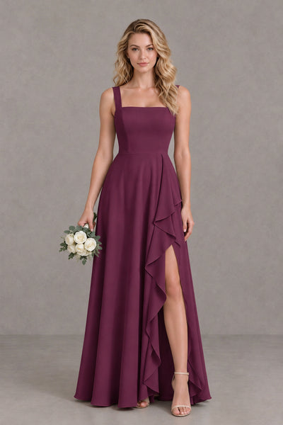 BOLODOO Plum Square Neck Ruffle A-Line Bridesmaid Dress with Slit - Plum - Plum_1