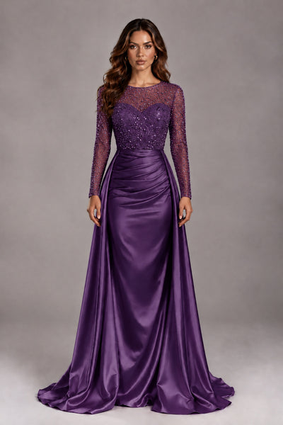 BOLODOO Plum Long Sleeve Embellished Satin Evening Gown with Sweep Train - Plum - Plum_1