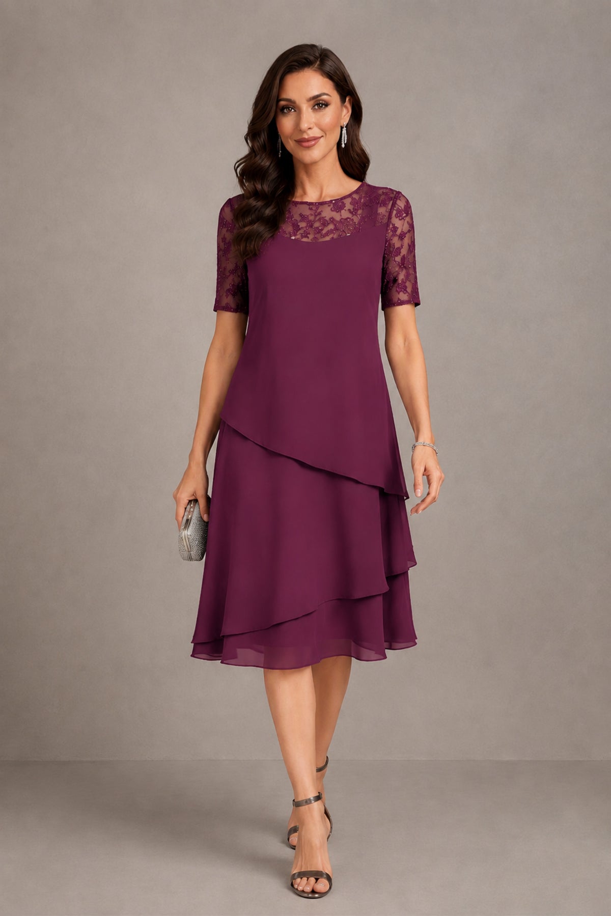 BOLODOO Plum Illusion Lace Short Sleeve Tiered Chiffon Tea Length Dress | Mother of the Bride Midi Dress - Plum