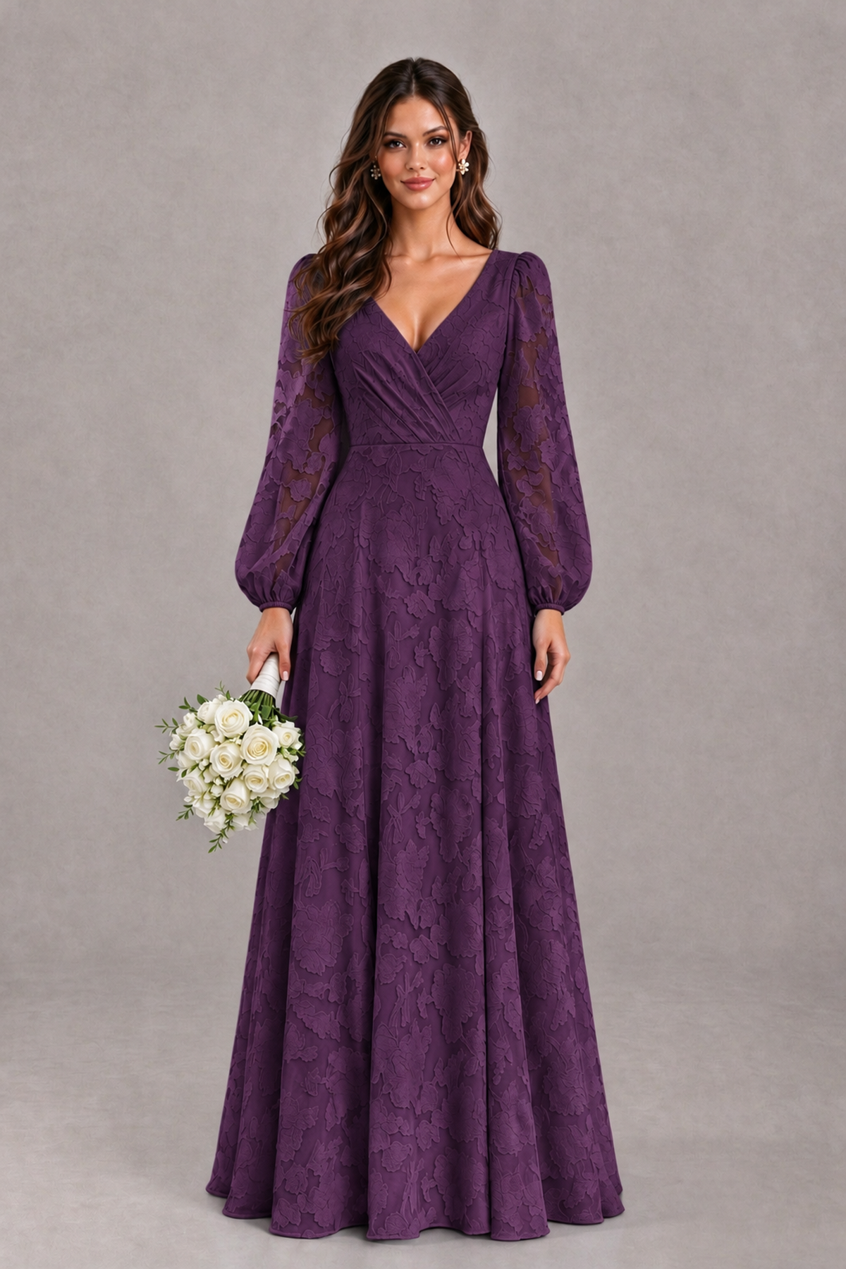 BOLODOO Plum Long Sleeve V-Neck A-Line Mother of the Bride Dress - Plum - Plum_1