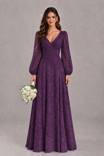 BOLODOO Plum Long Sleeve V-Neck A-Line Mother of the Bride Dress - Plum - Plum_1